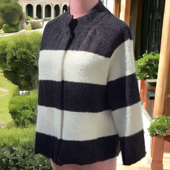 MELLODAY NWT WOMENS MOCK JACKET SWEATER BLACK IVORY STRIPED SOFT FUZZY SMALL - Picture 1 of 8